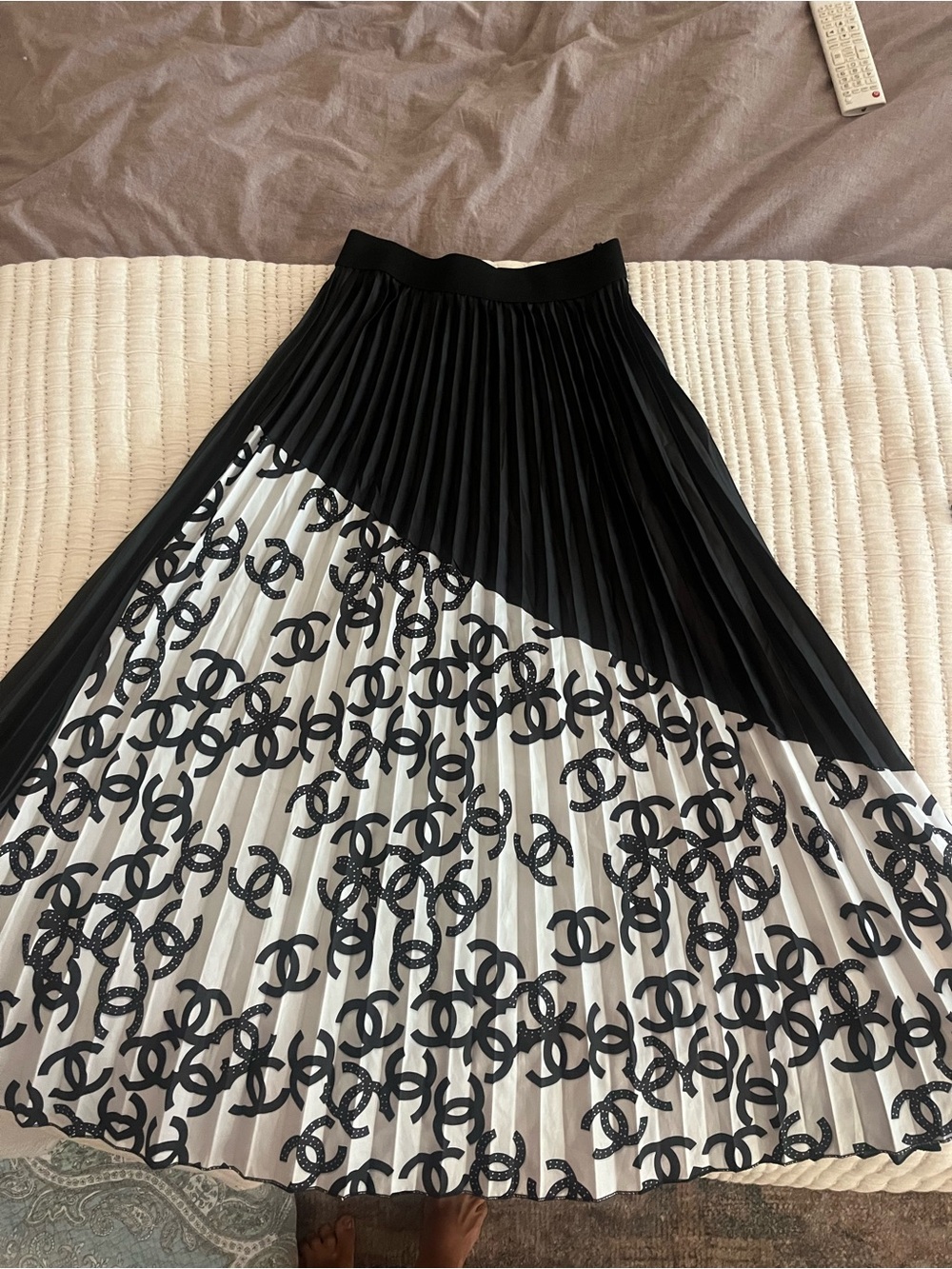 CHANEL Black and White Pleated Logo-Print Midi Skirt